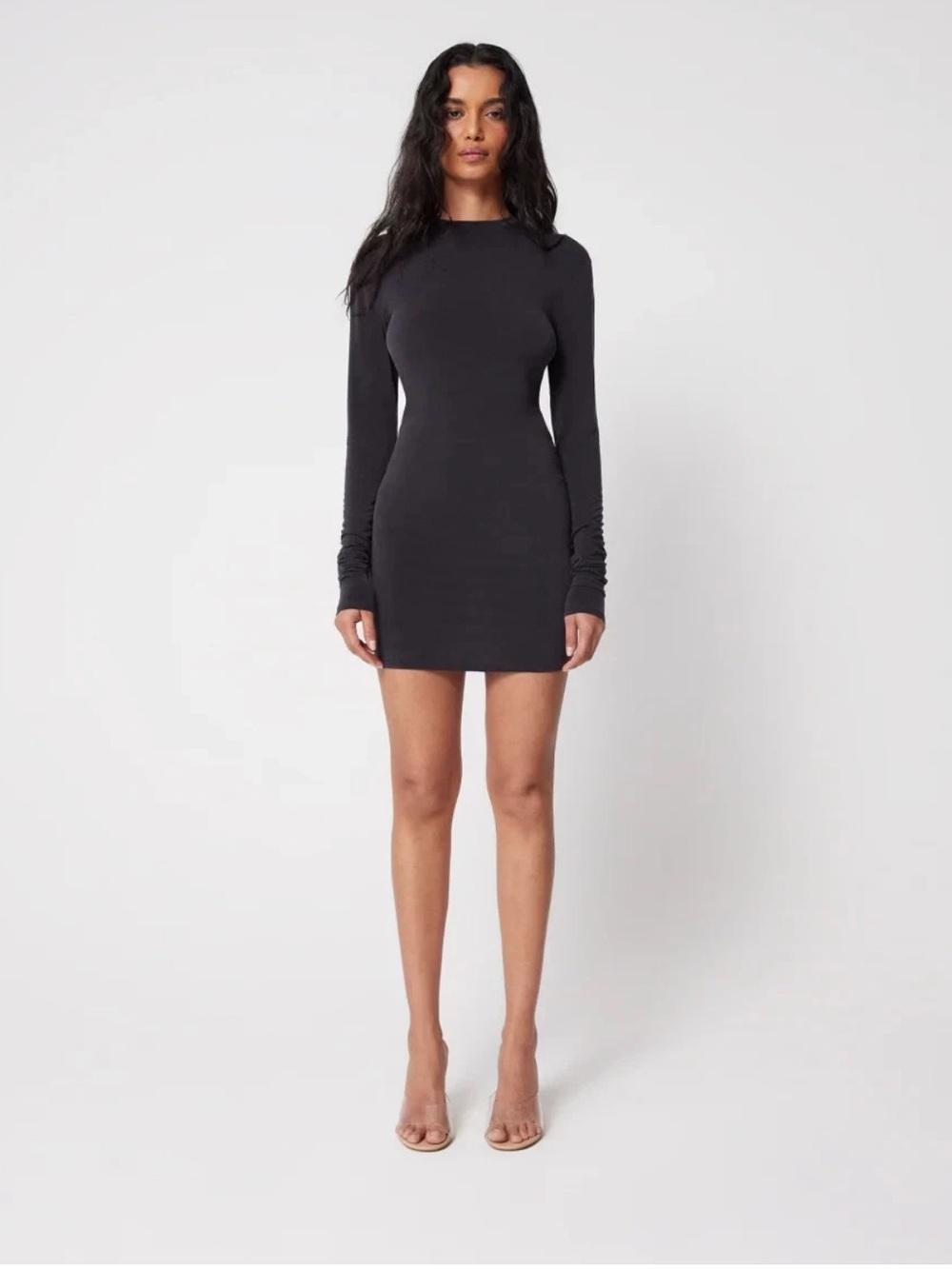 KHY Long Sleeve Mini Dress in Black Crewneck Stretch Size L